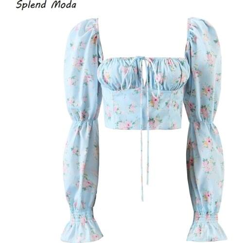 Splend Moda French Vintage Fresh Floral Blouse Women 2021 Summer Sexy Fashion Square Collar Lace-Up Lantern Sleeve Slim Top Chic