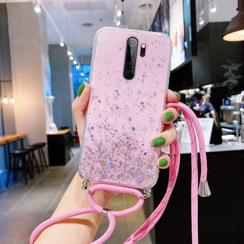 Ultra-thin Bling Glitter Lanyard Silicone Phone Case For Xiaomi Redmi Note 9 8 Mi 11 10 9 T Lite Pro Luxury Necklace Rope Cover