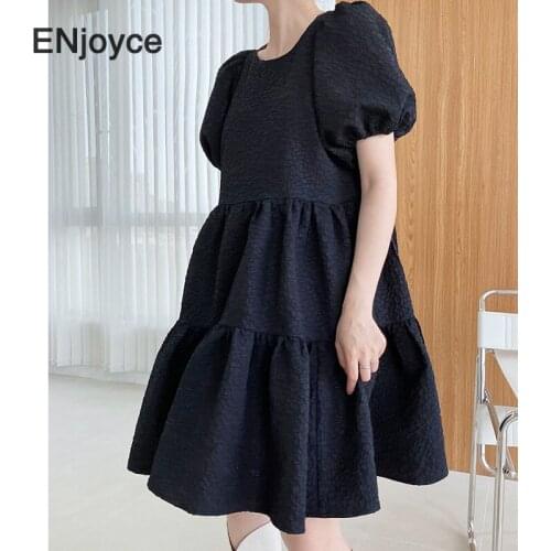 Vintage Black Puff Sleeve Mini Dress Embossed Palace Style Fashion Dresses for Women Ladies Chic Clothes Party Club Fluffy Skirt