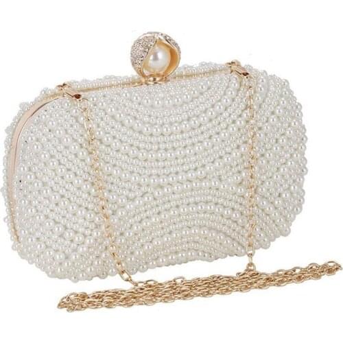 Pearls Evening Clutch Bag Luxury Wedding Party Purse Bag for Women Elegant Mini Handbag Lady Banquet Diamonds Chain Shoulder Bag