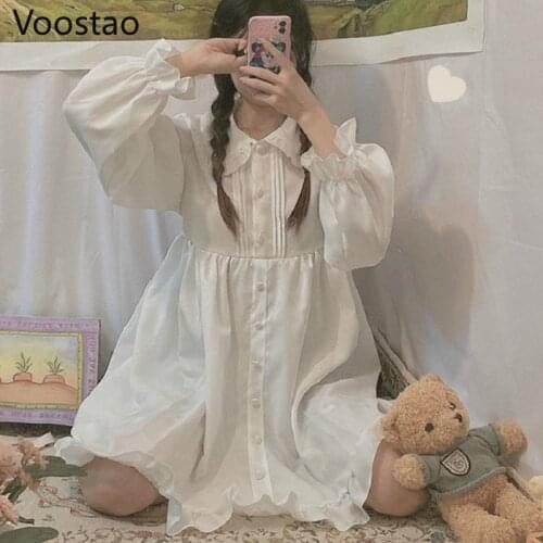 Japanese Sweet Lolita Dress White Angel Retro Peter Pan Collar Ruffles Long Sleeve Dress Girls Victorian Gothic Daily Dresses