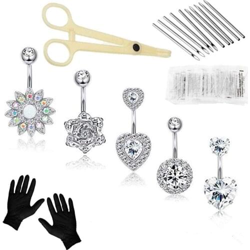 YueLong Professional Belly Botton Piercing Kit with 14G Steel Piercing Needles CZ Belly Navel Ring Piercing Set Piercing Clamps