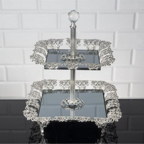 Zeyve Crown 2 Tiers Square Kurabiyelik Bz-mt616g chocolate cookies presentation plate saucer stylish silver color plate