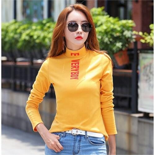 2021 Turtleneck Top Letter T Shirt Women Casual Long Sleeve T-Shirt Korean Style Woman Clothes Slim Basic Cotton Tshirt Female