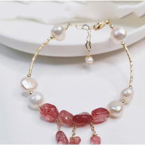 Sweet Freshwater Pearl Bracelet Chain For Women Original Gold Color Charm Strawberry Stones Beads Jewelry Birthday Gift Female