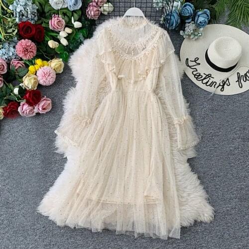 Sanishroly Two Pieces Set 2021 Spring Women Beading Sequined Mesh Dress Ladies Sweet High Waist Long Ruffle Lace Vestidos CD158