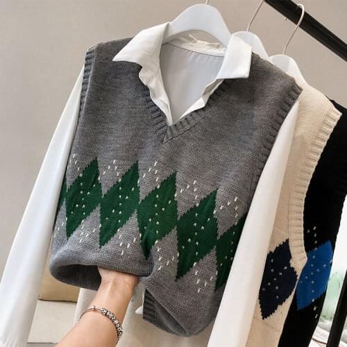 2020 Women Sleeveless Pullover Autumn England Style Vintage Geometric Rhombic V Neck Knitted Sweater Vest Black Waistcoat T360