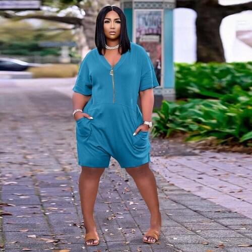 Casual Solid Loose Rompers Womens Jumpsuit 2021 Summer Deep V Neck Short Sleeve Biker Playsuit Office Lady Zipper Pocket Outfit