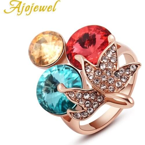Ajojewel #7-9 Trendy Wedding Crystal Flower Rings For Women Colorful Jewelry Rose Gold Color AAA Austrian
