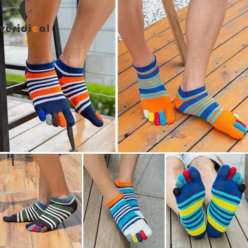 1 Pair Combed Cotton Men Ankle Boat Five Finger Socks Breathable Striped Colorful Young Casual No Show Socks With Toes EUR39-44