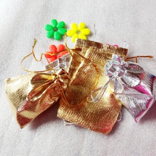 100pcs 9x12cm Gold Silver Drawstring Packaging Display Bags Metallic Foil Organza Fabric Bag Pouches Christmas Wedding Gift Bags