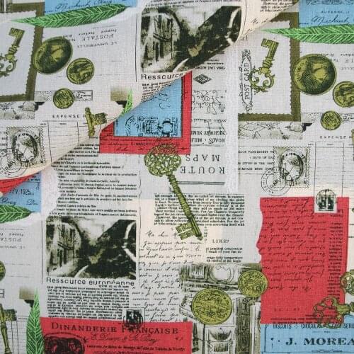 110cmx50cm Cotton Linen Fabric for handmad, bed, bag, curtain Sewing - key and English - red and blue (LF339)