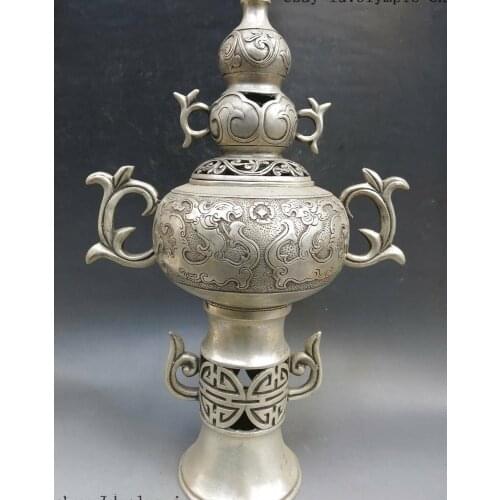 15" China silver carved luck dragon beautiful censer vase incense burner Statue