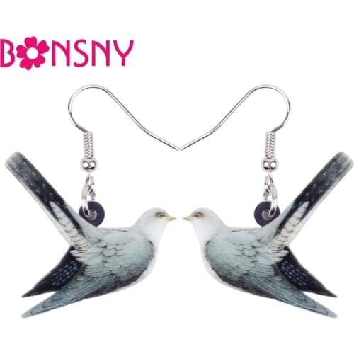 Bonsny Acrylic Flying Gray Dove Pigeon Bird Earrings Big Long Dangle Drop Unique Animal Jewelry For Women Girls Kid Wholesale