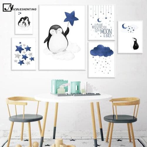Baby Animal Penguin Family Nurser Poster and Print Cartoon Wall Art Canvas Painting Nordic Kid Boy Bedroom Decoration Picture