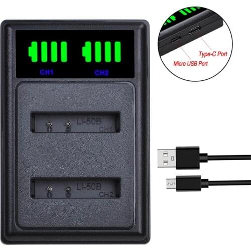 AsperX Li-50B D-Li92 LED Dual Battery Charger with Type C Port for Olympus u6010 u6020 for Pentax XZ-1 SP-800UZ D-Li92 DLi92