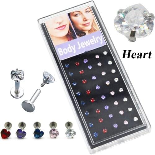 40pieces/Box Heart Shaped Crystal Labret Internally Thread Lip Ring Monroe Jewelry Ear Tragus Body Stud Helix Cartilage Piercing