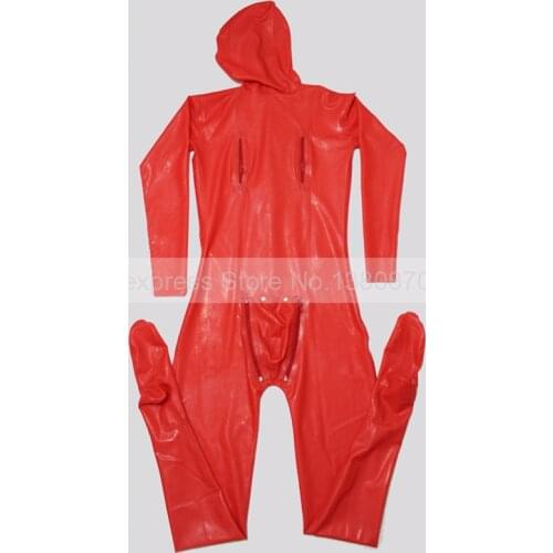 Chest Zips Latex Rubber Male Cat suit with Hoods Feet Socks Crotch Piece Bodysuit Plus Size Custom Made S-LCM044