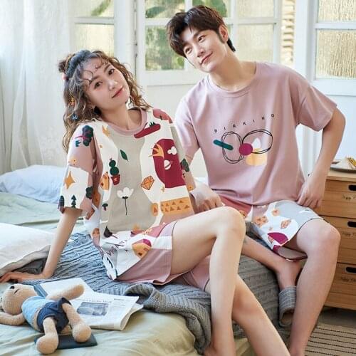 Summer Cotton Couple Pajamas Cartoon Pyjama Femmel Shorts Pajama For Women And Men Leisure Couple Matching Night Suit Plus Size