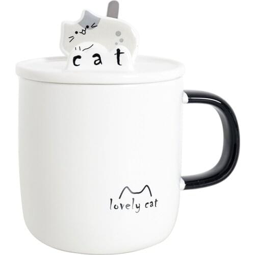 Cute cat coffee mug with spoon The cover can be used as a mobile phone holder creative Drinkware Coffee Tea Cups