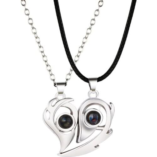 1Pair Magnetic Heart Necklace Gothic Punk 100 Languages I Love You Projection Couple Pendants Wedding Lovers Friends Gifts