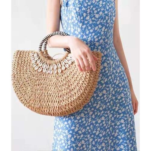 Casaul shell half moon rattan women handbags designer female straw bag wicker woven large capacity tote summer beach purse 2021