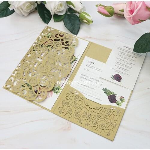 Luxury gold shimmer wedding invitation set with RSVP envelope burgundy red sweetheart pocket invites party decoration supply