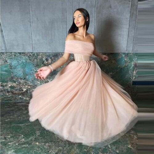 Pink Elegant Demure Princess Dresses Strapless Tulle Fold A-line Anke Length Evening Dress Custom Made Plus Size