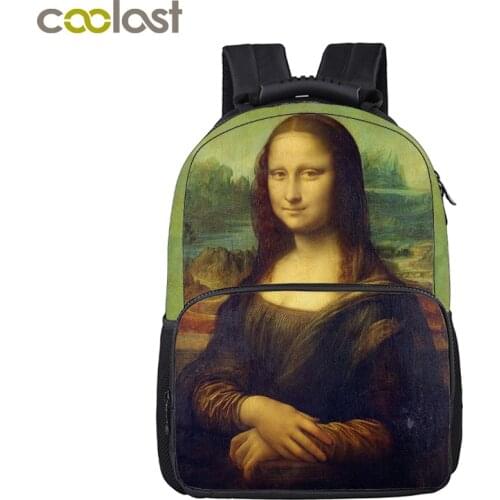 Famous Oil Painting Mona Lisa / Starry Night Backpack Women Men Shoulder Travel Bags For Teenager School Backpack Book Bag