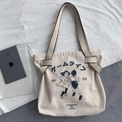 Canvas Tote Bag Shopper Bag Women Designer Handbag 2021 Girl Fashion Japanese Style Retro Personality Cartoon Print Shoulder Bag