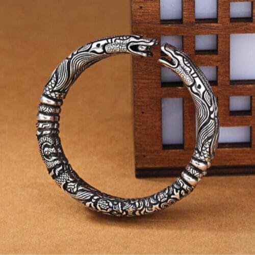 Sky Dragon Sterling Silver Bangle Punk Style Fashion Dragon Head Cuff Bracelets Costume Party Jewelry