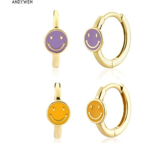ANDYWEN 925 Sterling Silver Gold One Simle Simple Huggies Happy Face Smile Hoops Earring 2021 Wedding Jewelry Piercing Pendiente