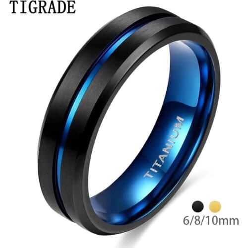 Tigrade Titanium Ring 6mm 8mm 10mm Black Blue Centre Groove Wedding Band Gold Color Comfort Fit Matte for Men Women