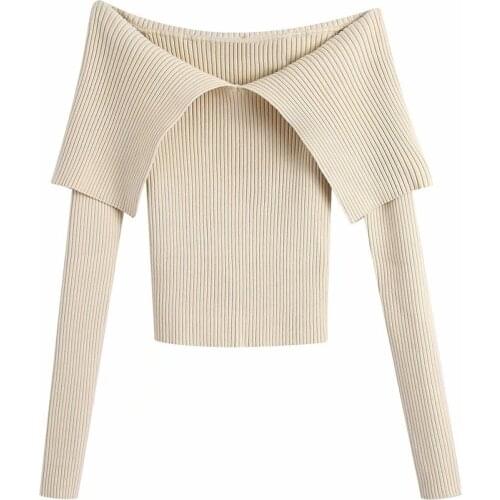 Female Pullovers Chic Tops Women 2021 Fashion Ribbed Trim Loose Lapel Slim-Fit V-Neck Long-Sleeve Off-Shoulder Tight Knit