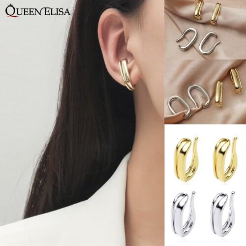QUEEN ELISA 2020 Korean Gold Clip on Earrings for Women Jewelry Geometric Ear Hook Fake Piercing Earring U Ear Cuff Accessories