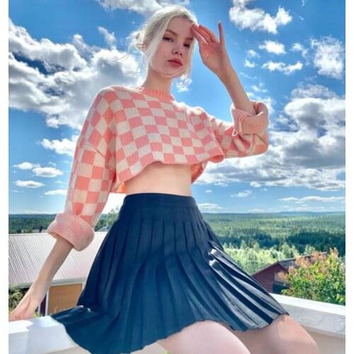 Women’s Autumn Sweaters Fashion Girls Short Plaid Pattern Knitted Top Knitwear Crop Top Casual Long Sleeve Pullovers Sweaters