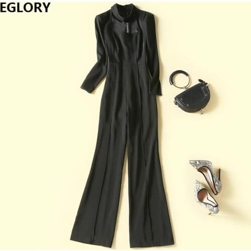 High Quality New Jumpsuits 2021 Spring Celebrity Party Women Stand Neck Hollow Out Sexy Long Sleeve Casual Long Jumpsuit Black