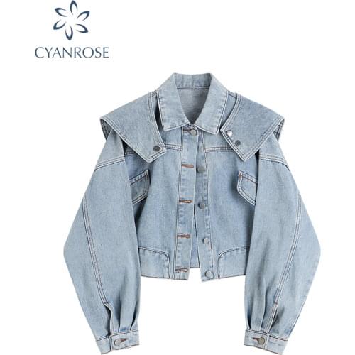 Womens Denim Short Coat With Shawl Detachable Vintage Loose Jacket 2021 Autumn Streetwear Long Sleeve BF Cowgirl Jacket Female