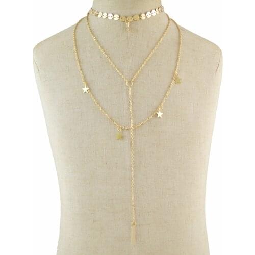 Elegant Girl Multilayer Crystal Pendant Necklace Women Gold Color Beads Moon Star Choker Necklaces Jewelry bijoux femme