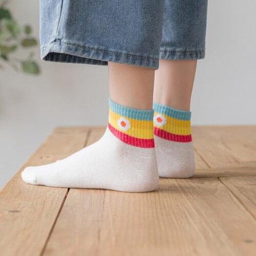 1 Pair Autumn New Women Cotton Socks Comfortable Casual Strawberry Peach White Striped Prints Japanese Cute Cartoon Girl Socks