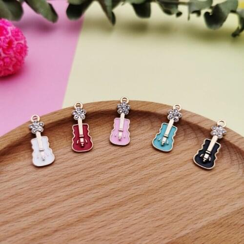 10PCS Rhinestone Enamel Flower Guitar Shape Alloy Charms Pendant DIY Bracelet Earrings Jewelry Findings Accessories 9*22MM FX489