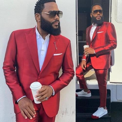 Red Satin Men Suits Wear Wedding Blazer Tuxedos Clothes for Groom Prom Pants Coat Jacket 2 Pieces