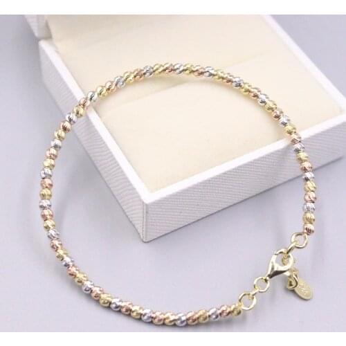 Pure 925 Sterling Silver Bracelet Width 3mm Yellow Rose White Gold Plated Colour Beads Link Bangle Diameter 58mm