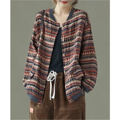 Women Spring Literature Art Retro Floral Jacket Female Loose Plus Size Long Sleeve Short Casual Coat Linen Fabric Cardigan Tops