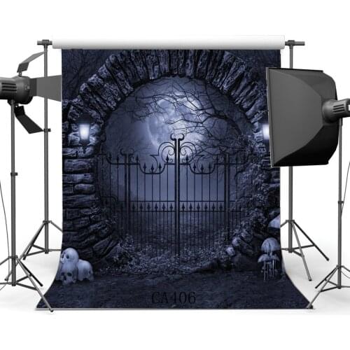 Photography Backdrops Halloween Horror Night Mysterious Moon Skulls Mushroom Stone Arch Photo Background