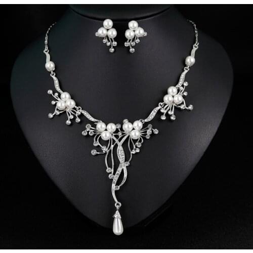 Imitation Pearls Bridal Jewelry Sets for Women Silver Color Rhinestone Necklace Earring Wedding