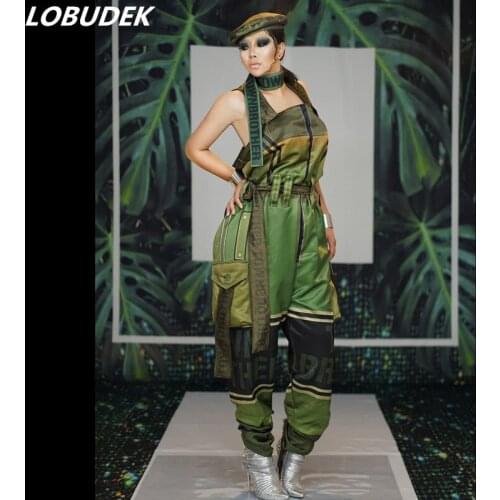 Men Women Jazz Dance Costume Sexy Bar Nightclub Stage Wear Army Green Jumpsuit Sleeveless Loose Overalls DJ Performance Rompers