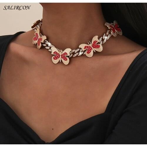 Kpop Charm Multicolor Butterfly Pendant Choker Necklace Vintage Aesthetic Crystal Miami Cuban Chain Necklace for Women Jewelry