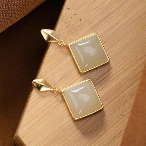 New silver inlaid natural Hetian white Chalcedony geometric block Earrings Chinese style retro palace charm womens jewelry