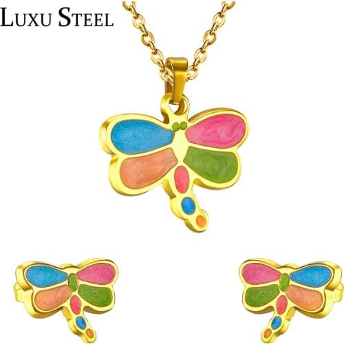 LUXUSTEEL Colorful Dragonfly Pendant Necklace inoxidable Sweet Jewelry Sets For Women/Girl Bijoux Collier Collars 2020 BabyGirl